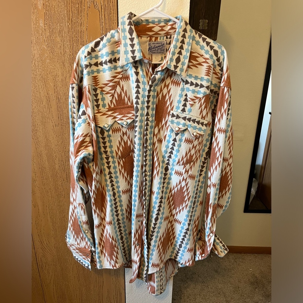 Teal Orange and White Aztec Button Down